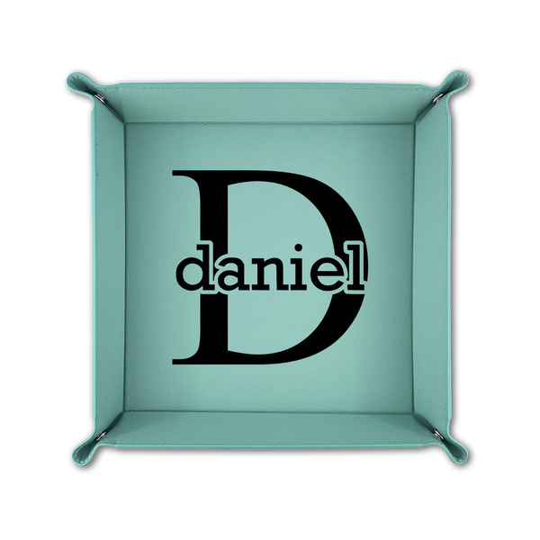 Name & Initial (for Guys) 6" x 6" Teal Leatherette Snap Up Tray - FOLDED UP
