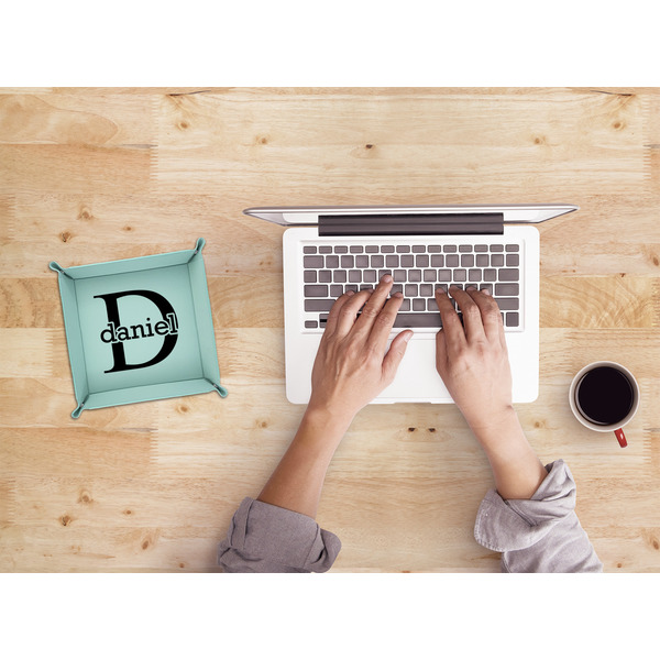 Name & Initial (for Guys) 6" x 6" Teal Leatherette Snap Up Tray - LIFESTYLE