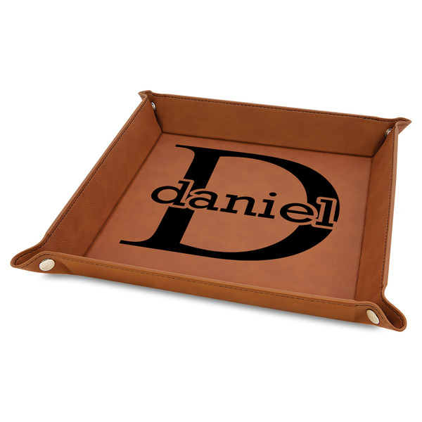 Custom Name & Initial (for Guys) Faux Leather Dice Tray - 9" x 9" - Rawhide (Personalized)