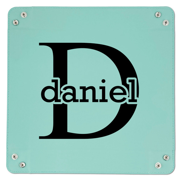 Name & Initial (for Guys) 9" x 9" Teal Leatherette Snap Up Tray - APPROVAL