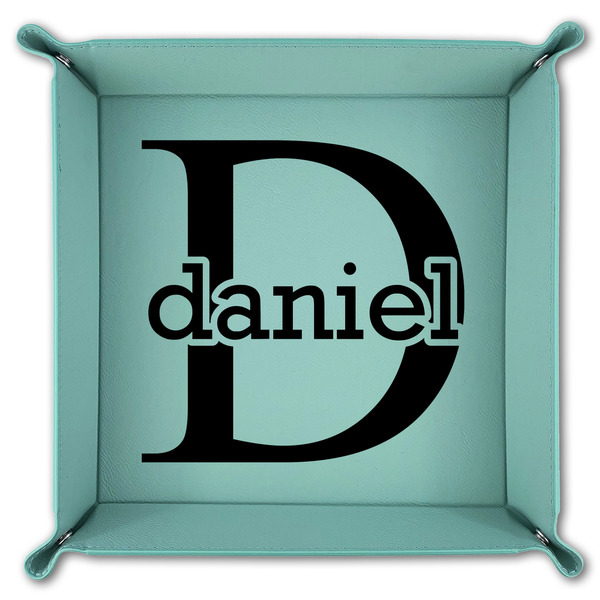 Name & Initial (for Guys) 9" x 9" Teal Leatherette Snap Up Tray - FOLDED