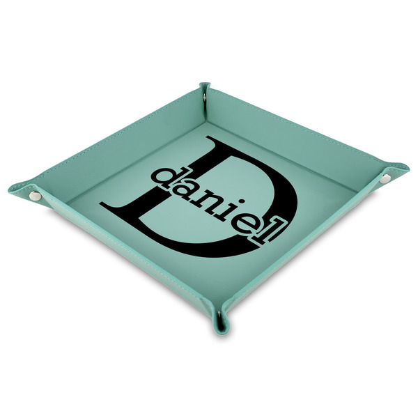 Custom Name & Initial (for Guys) 9" x 9" Teal Faux Leather Valet Tray (Personalized)