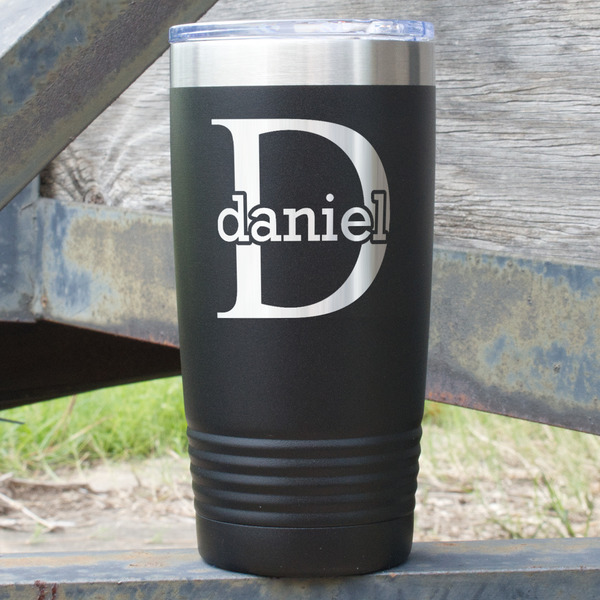 Custom Name & Initial (for Guys) 20 oz Stainless Steel Tumbler - Black - Single Sided (Personalized)