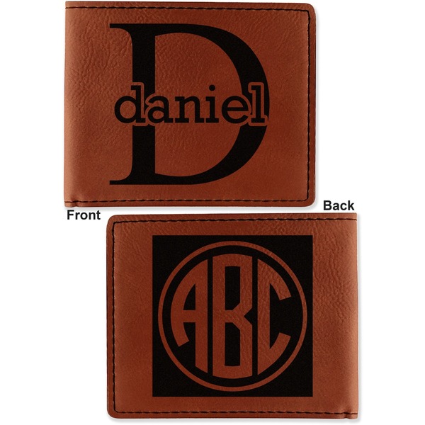 Name & Initial (for Guys) Cognac Leatherette Bifold Wallets - Front and Back
