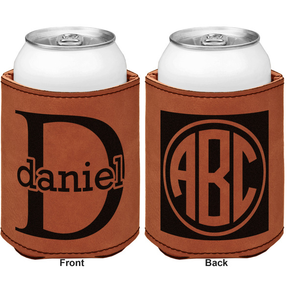 Name & Initial (for Guys) Cognac Leatherette Can Sleeve - Double Sided Front and Back