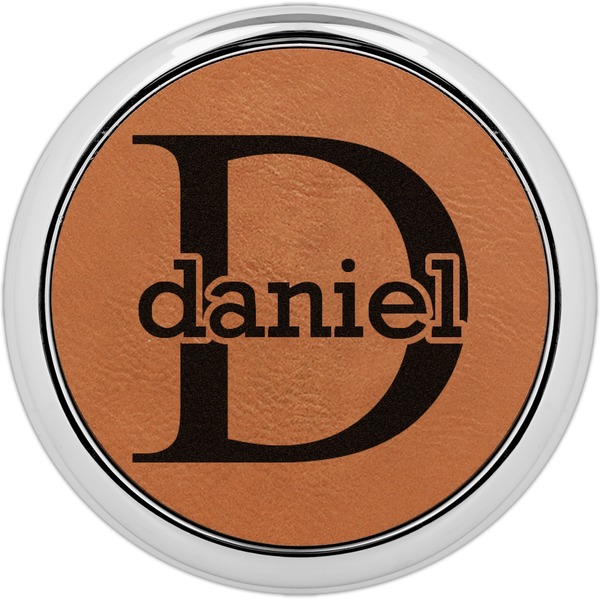 Custom Name & Initial (for Guys) Set of 4 Leatherette Round Coasters w/ Silver Edge (Personalized)