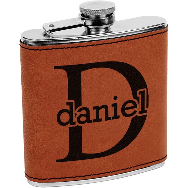 Custom Name & Initial (for Guys) Leatherette Wrapped Stainless Steel Flask (Personalized)