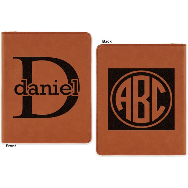 Name & Initial (for Guys) Cognac Leatherette Zipper Portfolios with Notepad - Double Sided - Apvl