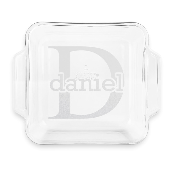 Custom Name & Initial (for Guys) Glass Cake Dish with Truefit Lid - 8in x 8in (Personalized)