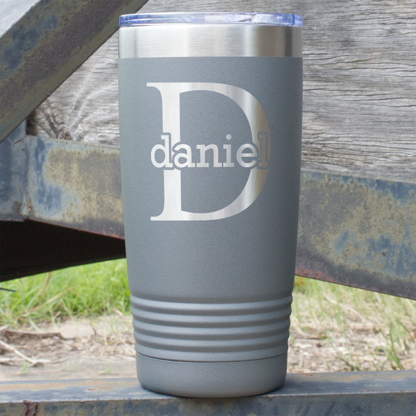 Custom Name & Initial (for Guys) 20 oz Stainless Steel Tumbler - Grey - Single Sided (Personalized)