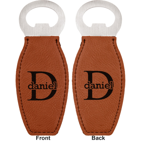 Name & Initial (for Guys) Leather Bar Bottle Opener - Front and Back