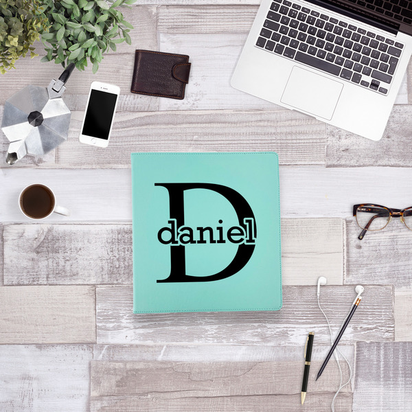 Name & Initial (for Guys) Leather Binder - 1" - Teal - Lifestyle View