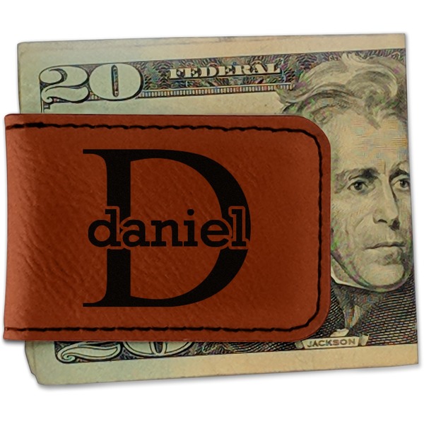 Custom Name & Initial (for Guys) Leatherette Magnetic Money Clip - Double Sided (Personalized)