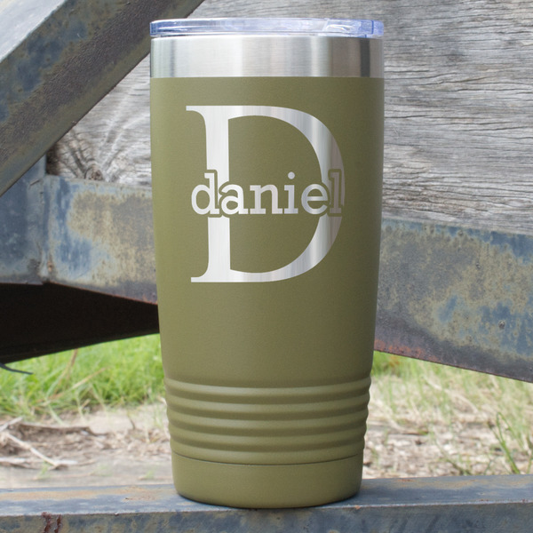 Custom Name & Initial (for Guys) 20 oz Stainless Steel Tumbler - Olive - Single Sided (Personalized)