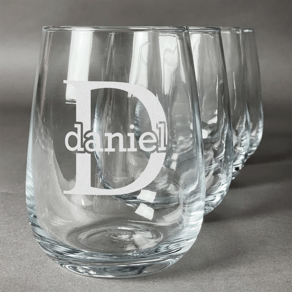 Custom Name & Initial (for Guys) Stemless Wine Glasses (Set of 4) (Personalized)