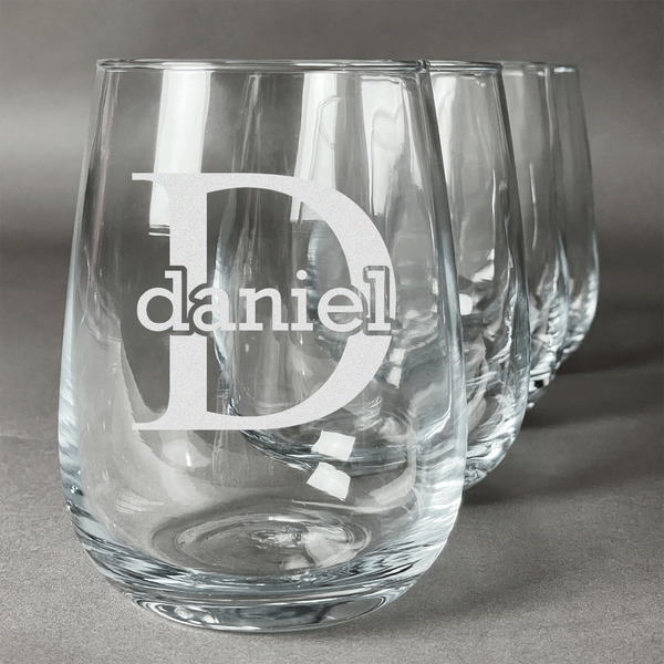 Custom Name & Initial (for Guys) Stemless Wine Glasses (Set of 4) (Personalized)