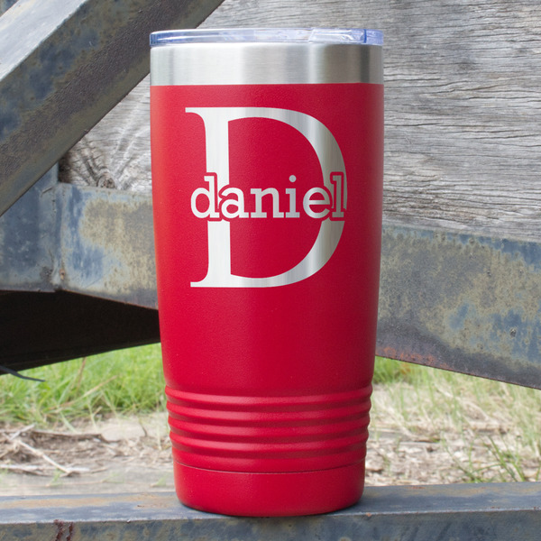 Custom Name & Initial (for Guys) 20 oz Stainless Steel Tumbler - Red - Double Sided (Personalized)