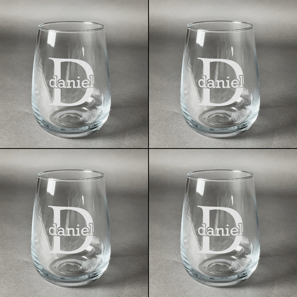 Name & Initial (for Guys) Set of Four Personalized Stemless Wineglasses (Approval)