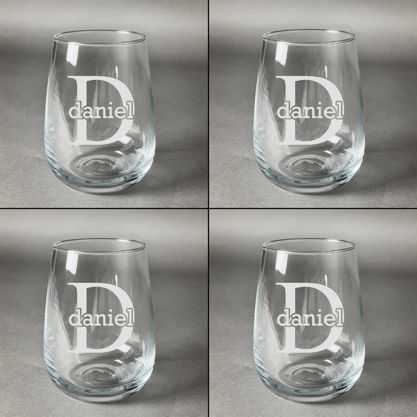 Name & Initial (for Guys) Set of Four Personalized Stemless Wineglasses (Approval)