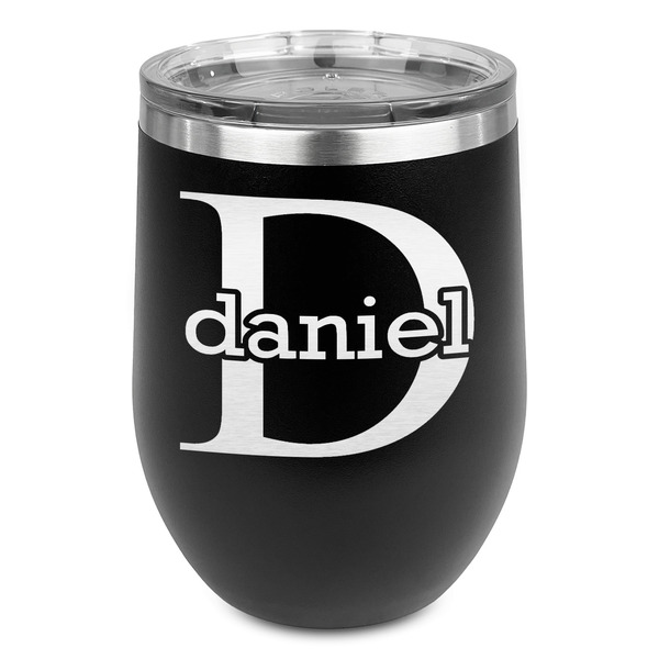 Custom Name & Initial (for Guys) Stemless Stainless Steel Wine Tumbler - Black - Double Sided (Personalized)