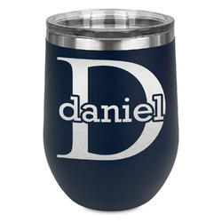 Name & Initial (for Guys) Stemless Stainless Steel Wine Tumbler - Navy - Double Sided (Personalized)