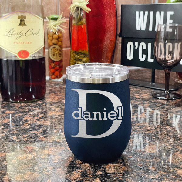 Name & Initial (for Guys) Stainless Wine Tumblers - Navy - Double Sided - In Context