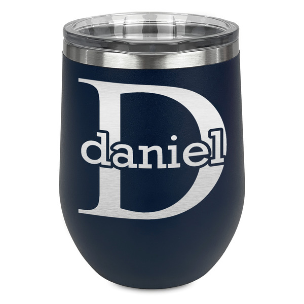 Custom Name & Initial (for Guys) Stemless Stainless Steel Wine Tumbler - Navy - Single Sided (Personalized)