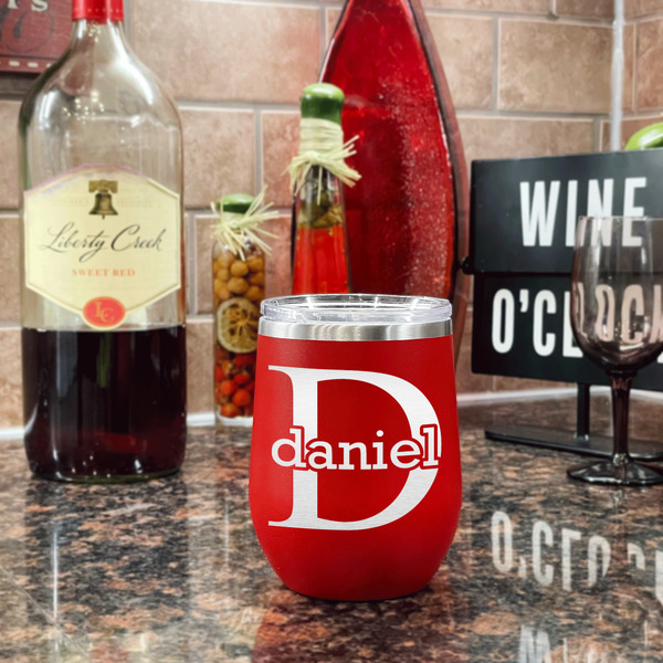 Name & Initial (for Guys) Stainless Wine Tumblers - Red - Single Sided - In Context
