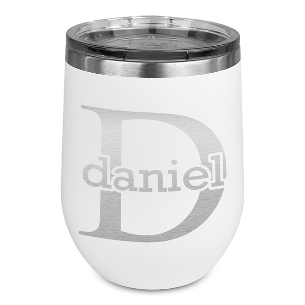 Custom Name & Initial (for Guys) Stemless Stainless Steel Wine Tumbler - White - Single Sided (Personalized)