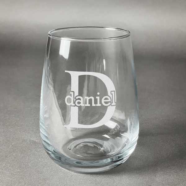 Custom Name & Initial (for Guys) Stemless Wine Glass - Engraved (Personalized)