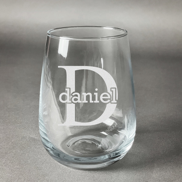 Custom Name & Initial (for Guys) Stemless Wine Glass (Single) (Personalized)