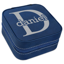 Name & Initial (for Guys) Travel Jewelry Box - Navy Blue Leather (Personalized)