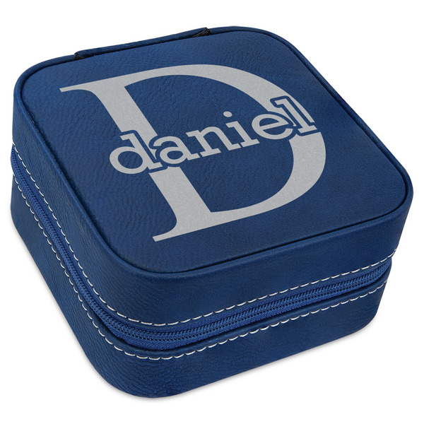 Custom Name & Initial (for Guys) Travel Jewelry Box - Navy Blue Leather (Personalized)