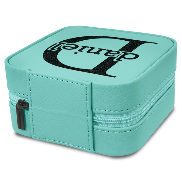 Name & Initial (for Guys) Travel Jewelry Boxes - Leather - Teal - View from Rear