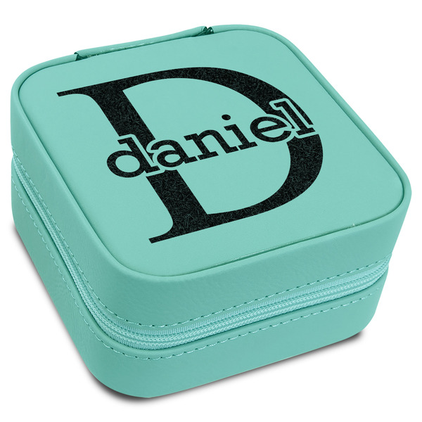 Custom Name & Initial (for Guys) Travel Jewelry Box - Teal Leather (Personalized)