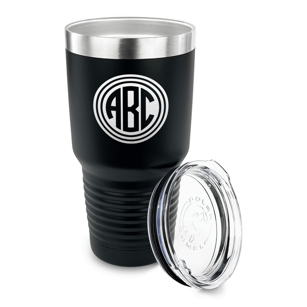 Round Monogram 30 oz Stainless Steel Ringneck Tumblers - Black - LID OFF
