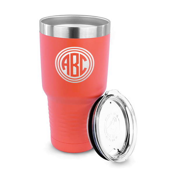 Round Monogram 30 oz Stainless Steel Ringneck Tumblers - Coral - LID OFF