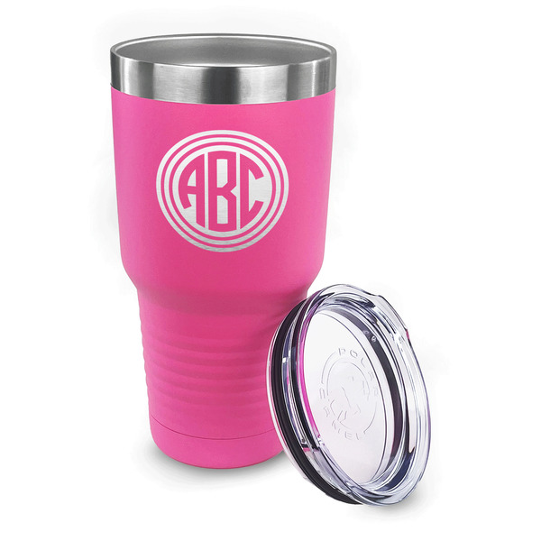 Round Monogram 30 oz Stainless Steel Ringneck Tumblers - Pink - LID OFF