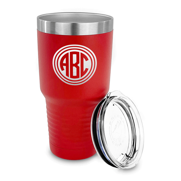 Round Monogram 30 oz Stainless Steel Ringneck Tumblers - Red - LID OFF