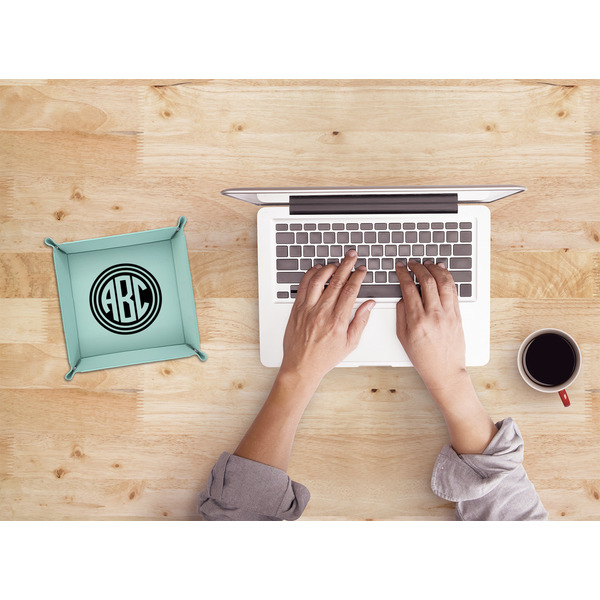 Round Monogram 6" x 6" Teal Leatherette Snap Up Tray - LIFESTYLE