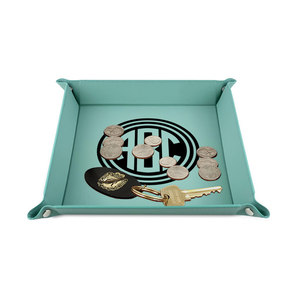Round Monogram 6" x 6" Teal Leatherette Snap Up Tray - STYLED