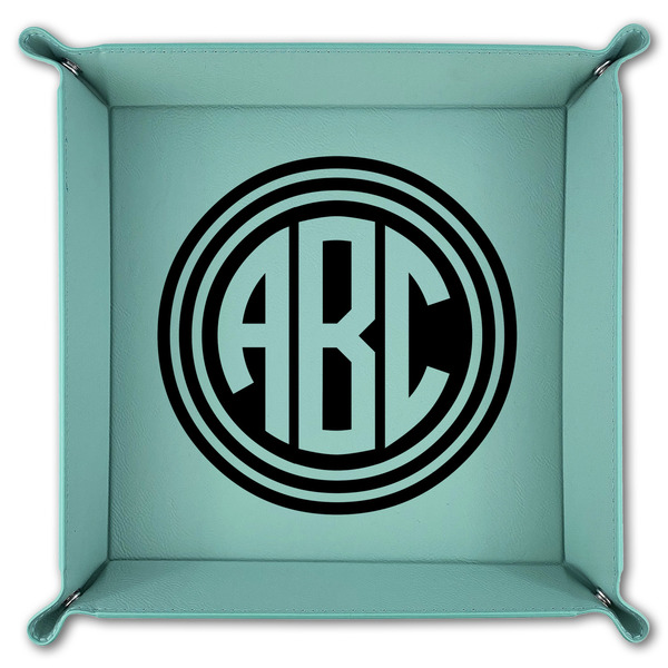 Round Monogram 9" x 9" Teal Leatherette Snap Up Tray - FOLDED