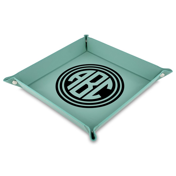 Custom Round Monogram Faux Leather Valet Tray - 9" x 9"  - Teal (Personalized)