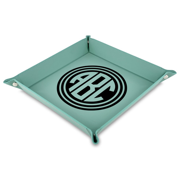 Custom Round Monogram Faux Leather Dice Tray - 9" x 9"  - Teal (Personalized)