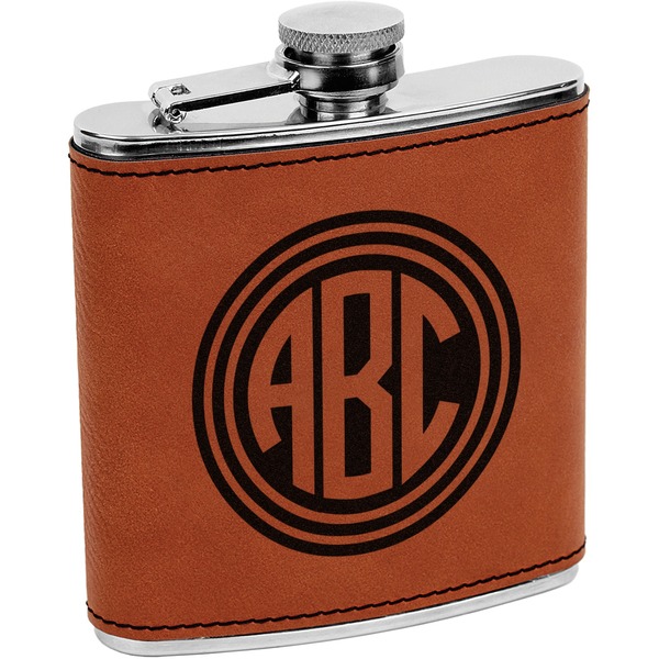 Custom Round Monogram Leatherette Wrapped Stainless Steel Flask (Personalized)