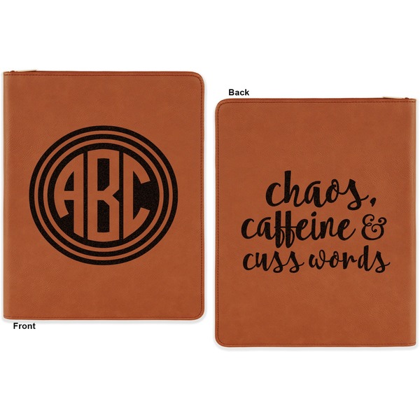 Round Monogram Cognac Leatherette Zipper Portfolios with Notepad - Double Sided - Apvl