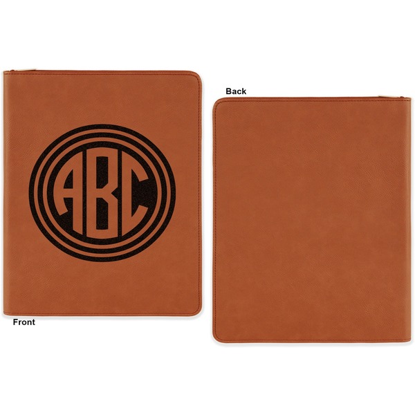 Round Monogram Cognac Leatherette Zipper Portfolios with Notepad - Single Sided - Apvl