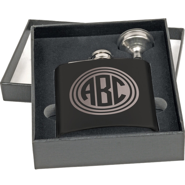 Round Monogram Engraved Black Flask Gift Set