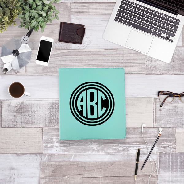 Round Monogram Leather Binder - 1" - Teal - Lifestyle View