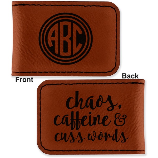 Round Monogram Leatherette Magnetic Money Clip - Front and Back